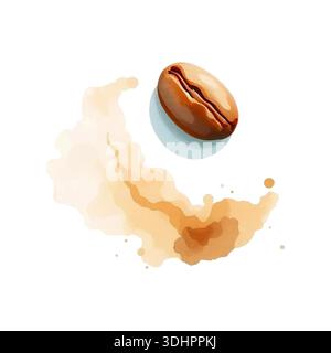 Coffee bean watercolor painting with coffee spill stain, isolated on white background. Vector illustration Stock Vector