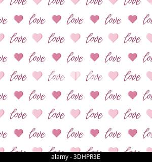 Seamless Valentine s Day pattern with cursive love text and pink and red hearts in a grid layout Stock Photo