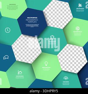 This multipurpose infographic template features a hexagon layout for business data. Use this infographic template to create a hexagon presentation wit Stock Vector