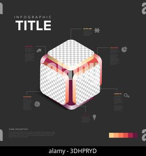 A professional isometric cube infographic template featuring 3D text boxes and charts. This cube infographic is perfect for data visualization and mod Stock Vector