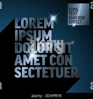 Bold 3D text features a dramatic long shadow effect on a gradient background. This metallic text with a long shadow effect includes bright lens flares Stock Vector