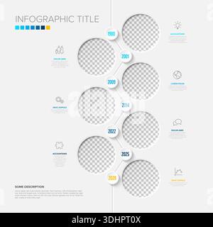 This vertical timeline infographic features a clean design with circular photo placeholders. This infographic layout includes a timeline with dates an Stock Vector
