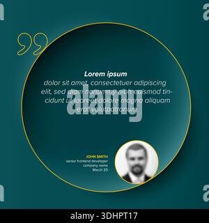 A stylish testimonial layout featuring a dark teal circle and quote marks for your testimonial text. This template uses a circular frame to highlight Stock Vector