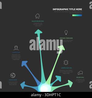 A modern business infographic template features colorful arrows pointing to icons. This sleek infographic template displays six data points with vibra Stock Vector