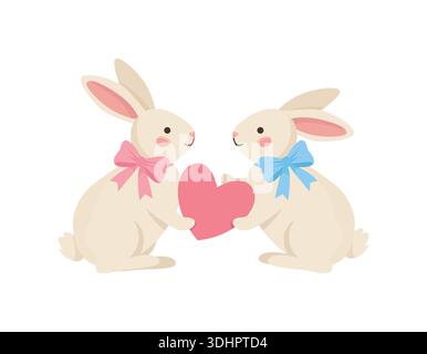 Two cute bunnies holding a heart. Vector couple of rabbits for Valentines Day. Love concept Stock Vector