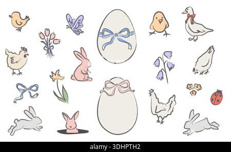 Hand drawn whimsical Easter icon set with bunny, chick, decorated eggs, flowers, ribbon bow. Naive sketch doodle style in soft pastel colors for Stock Vector