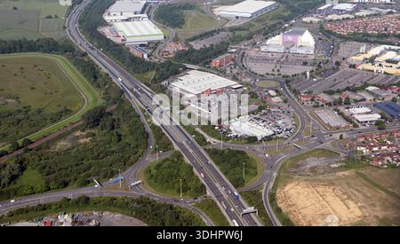 aerial view of junction 32 of the M62 motorway at Glasshoughton, Castleford, West Yorkshire Stock Photo