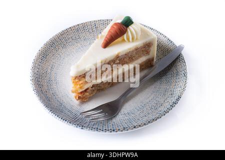 Carrot cake slice with cream cheese frosting isolated on white background Stock Photo