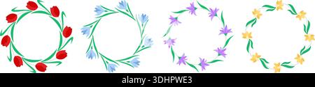 Botanical wreaths of daffodils, tulips, cornflowers and crocuses. Round floral frame set. Blank circular flower borders, vector graphic Stock Vector