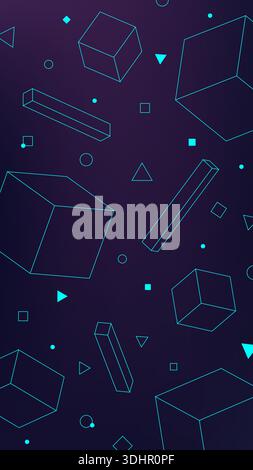 vibrant cyberpunk wallpaper neon blue 3d cubes and pyramids float in a deep purple void to provide a modern high tech background for futuristic tech p Stock Vector