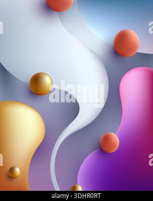 Abstract 3d background with fluid layers and floating spheres featuring gold and pink gradients for modern digital art and luxury brand presentation b Stock Vector