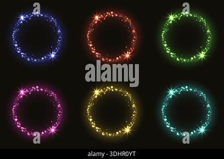 set of glowing glitter circles with neon sparkle light effects on black background for luxury festive design Stock Vector