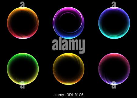 Six glowing neon rings with intricate wavy lines and vibrant gradients provide a futuristic light effect against a dark background, high tech design e Stock Vector