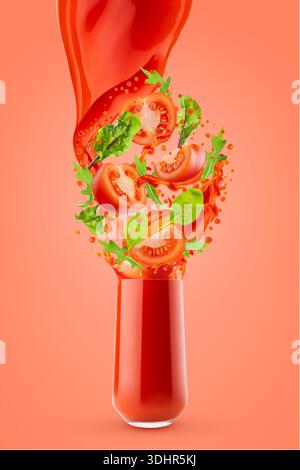 Red vegetable juice stream pouring into glass with flying tomatoes, green greens, splashes, flows juice on red background. Vegetable smoothie for heal Stock Photo