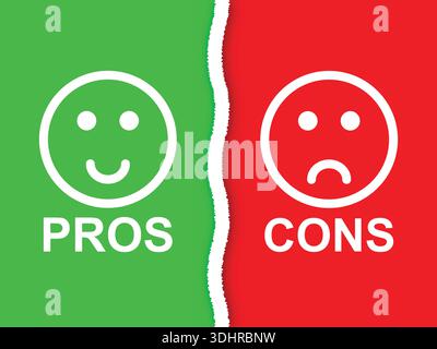 Pros and Cons Comparison Graphics with Smiley Faces and Checklist for Business Evaluation Stock Vector