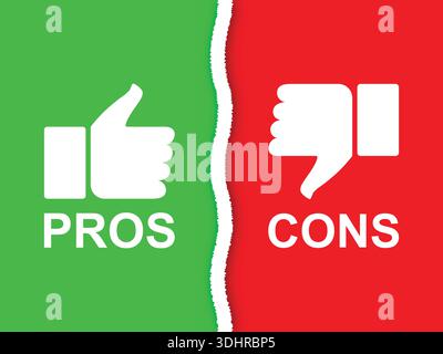 Pros and Cons Comparison with Thumbs Up and Thumbs Down Icons for Decision Making Stock Vector