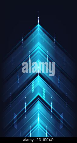 blue glowing arrow pointing upward futuristic technology and business progress featuring neon light streaks and digital geometric patterns in a dark v Stock Vector