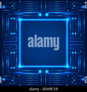 futuristic digital background features glowing neon blue circuit board with a square frame, high tech engineering and cyber security concepts in the m Stock Vector