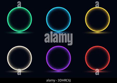 Set of glowing neon circles with sparkling particles and light reflection on dark background, vibrant energy rings in green blue yellow white purple r Stock Vector