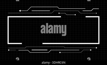 Tech circuit line border digital frame featuring white futuristic elements on a dark grid backdrop for high tech data visualization, sci-fi gaming scr Stock Vector