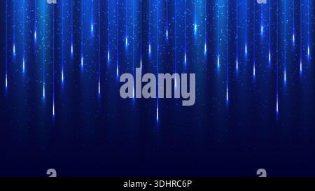 abstract blue background glowing vertical light streaks descend through shimmering particles to represent a high speed digital data stream for futuris Stock Vector