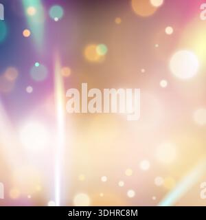 Vibrant ethereal light streaks on abstract purple and gold background featuring soft defocused bokeh circles for luxury design Stock Vector