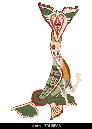 An intricate hand-drawn ethnic figure or bird-like creature featuring traditional green, red, and earth-toned patterns inspired by historical Balkan f Stock Photo