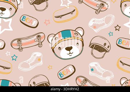 Skater bear vector illustration seamless pattern Stock Vector