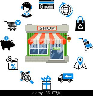 Online internet shopping concept with Two Color flat Icons Set for e-commerce marketing and advertising with shop, delivery, sale and goods. Isolated Stock Vector