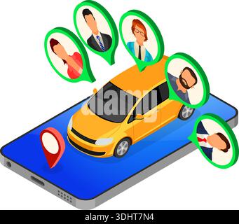 Car sharing service concept. People online choose car for carsharing. Auto rental, carpool, shared for city trips through mobile application. Isometri Stock Vector