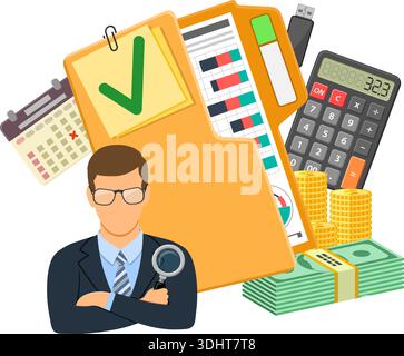 Auditing, Tax, Business Accounting Concept. Auditor Holds Magnifying Glass in Hand and folder with checked up Financial Reports, Calculator and money. Stock Vector