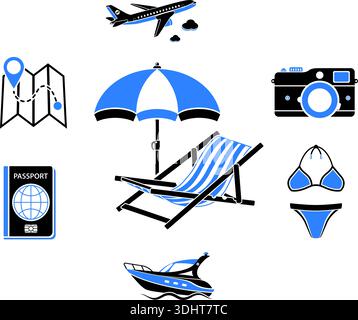 Vacation Time and Tourism Concept in Flat style two color icons such as Map, Boat, Luggage, Trip, Cocktail, Island and Aircraft. isolated vector illus Stock Vector