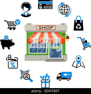 Online internet shopping concept with Two Color flat Icons Set for e-commerce marketing and advertising with shop, delivery, sale and goods. Isolated Stock Vector