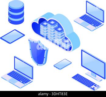 Cloud computing technology isometric concept with computer, laptop, mobile phone, tablet and shield icons. security cloud storage server. big data pro Stock Vector