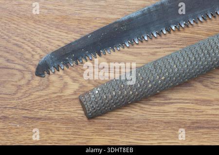 wood rasp and hand saw on wooden background Stock Photo