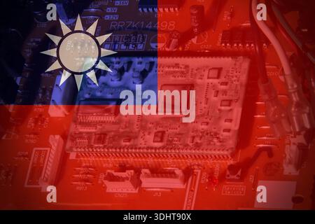 Taiwan flag with a chip as background. Concept of business . Stock Photo