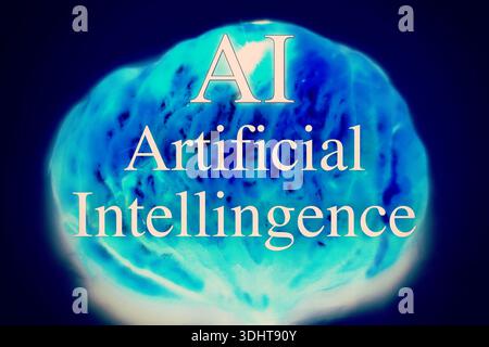 Big data and artificial intelligence concept. Human brain glowing from processor, symbolizing the fusion of human intelligence and machine learning ca Stock Photo