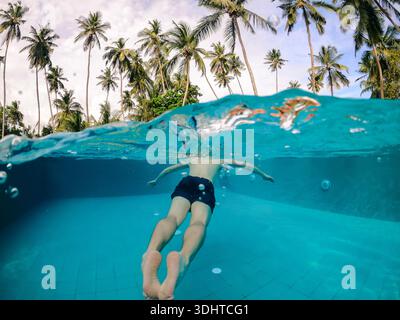 Man swimming underwater in resort pool with split level view showing water surface above and below against tropical palm trees. Stock Photo
