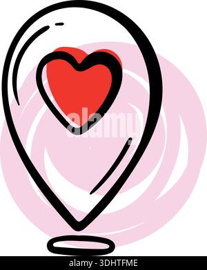 Map pointer icon with heart inside, romantic travel and long distance love location concept, hand drawn doodle. Stock Vector