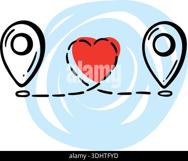 Two map pin icons connected by heart and dashed line, long distance relationship and travel for love concept, hand drawn doodle. Stock Vector