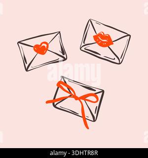 Hand drawn doodle love letter with heart, lip kiss and whimsical coquette red bow on pink background. Mail greeting card in the envelope. Valentines d Stock Vector