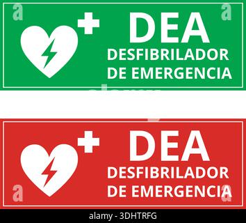 Green and red DEA desfibrilador de emergencia sign isolated on a white background (trad. AED emergency defibrillator) Stock Vector
