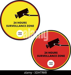 Red and yellow 24 hours surveillance zone sign isolated on a white background Stock Vector