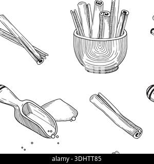 Hand-drawn seamless pattern made of cinnamon sticks in a wooden bowl and spices measuring spoon with ground cinnamon powder Stock Vector