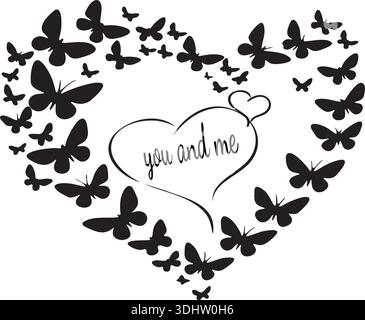Butterfly Heart Love Vector – You and Me Romantic Illustration Stock Vector