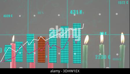 Blending row of lit taper candles with overlaid financial chart on table, featuring turquoise bars Stock Photo