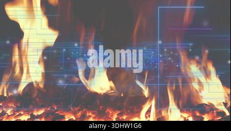 Burning band of coals and flames glowing centered in abstract digital scene, with translucent HUD Stock Photo