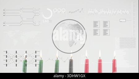 Displaying set of seven burning candles sitting on studio table, with world map graphic overlays Stock Photo