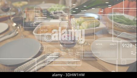 Showing wooden dining table displaying white plates, woven placemats and AR overlays in dining room Stock Photo