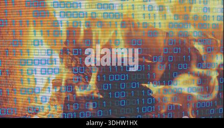 Displaying cyan binary digits over orange flames on screen, showing scanlines and charred forms Stock Photo